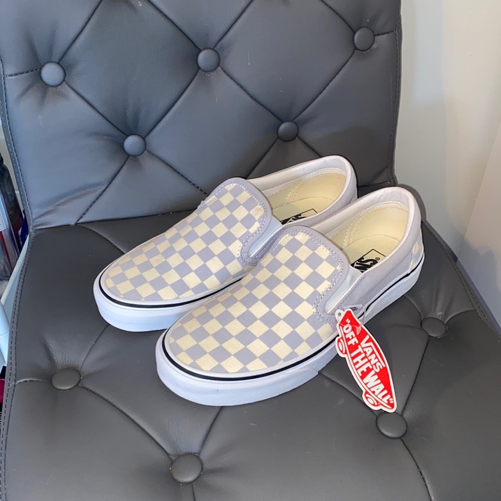 Gray and white checkered vans
